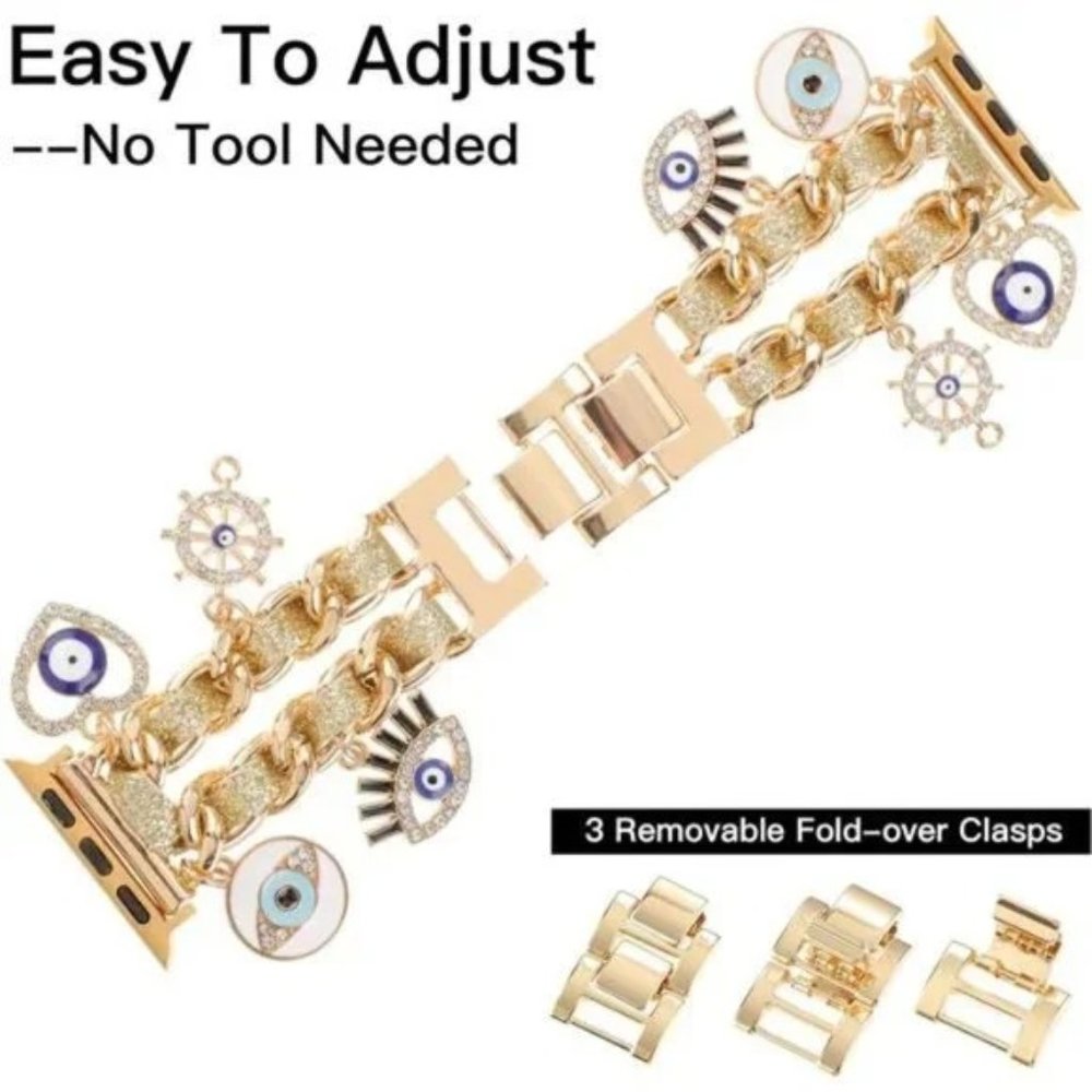 NEW Gold Apple Watch Band w/Evil Eye Charms - Picture 4 of 5